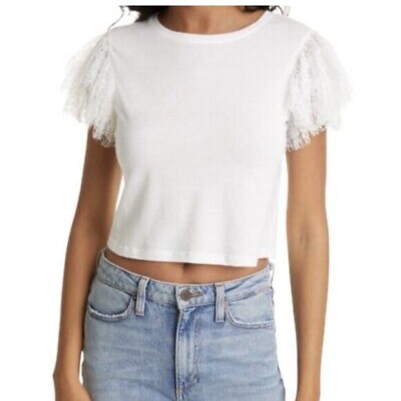 Alice + Olivia Tops - Alice & Olivia White Lace Sleeve Crop Stretchy Romantic Darcelle T-Shirt Medium